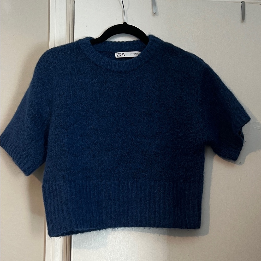 Zara Women's Cropped Deep Blue Crew Neck Sweater